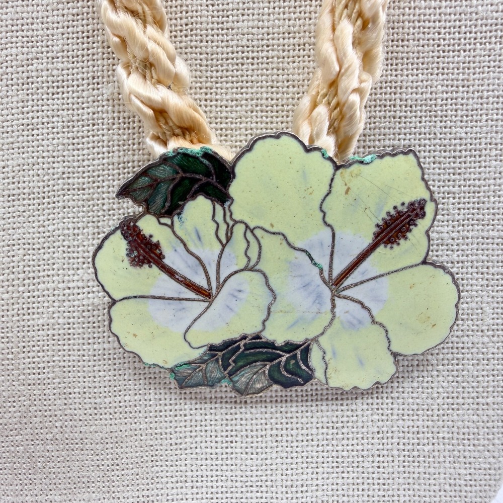 Vintage Cloisonne Hibiscus Flower Necklace with Silk Cord Boho Charm - Picture 5 of 9